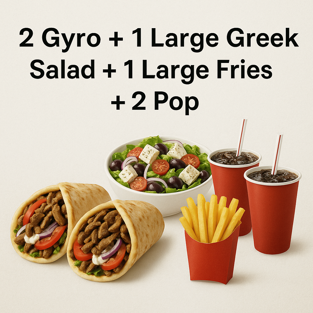 2 Gyro + 1 Large Greek Salad + 1 Large Fries + 2 Pop